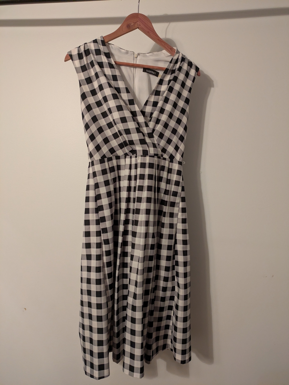 Ellen Tracy Black and White Gingham Wrap Fit-and-Flare Midi Dress